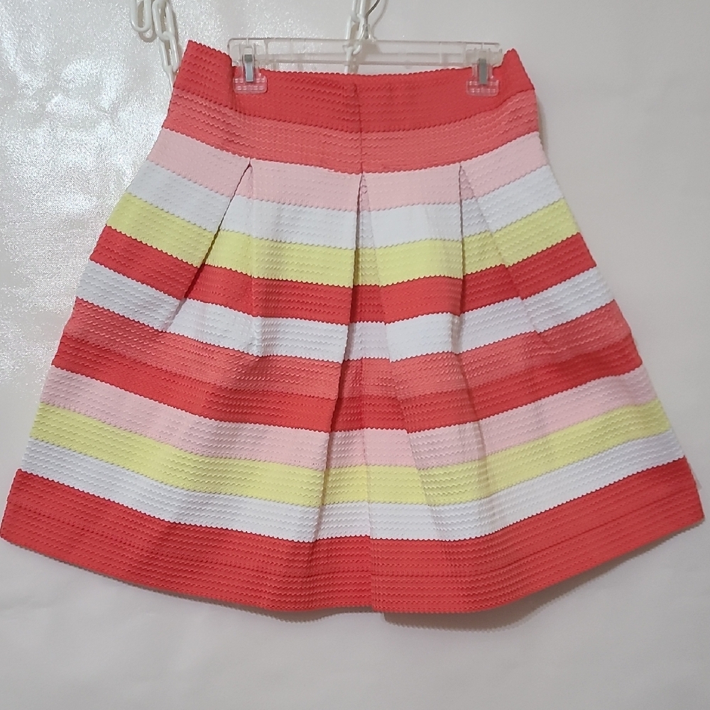 7TH AVENUE NEW YORK & CO Orange Colorful Striped Mini Skirt Size L NEW WITH TAGS
